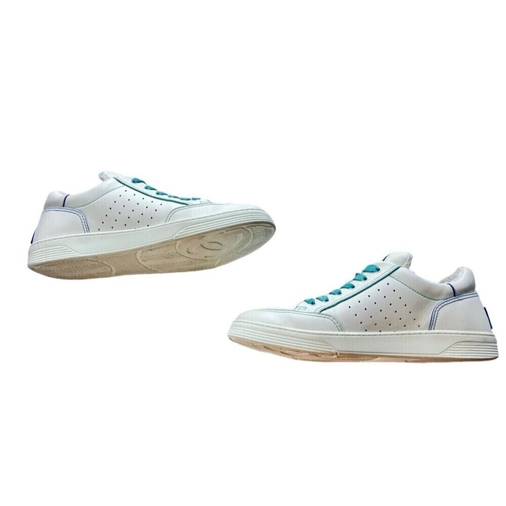CHANEL Calfskin Men’s Logo Trainer White Blue - Picture 5 of 13